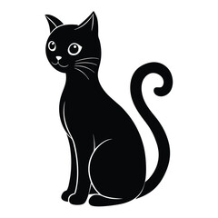 Black cat sitting with curled tail and white highlights