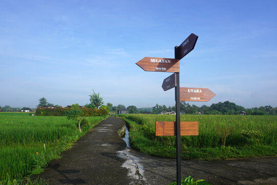 Directional signs on a country road with a view of jogging trek on green rice fields in Indonesian language - timur, barat, utara selatan (in english east, north, west south). Life purpose concept.
