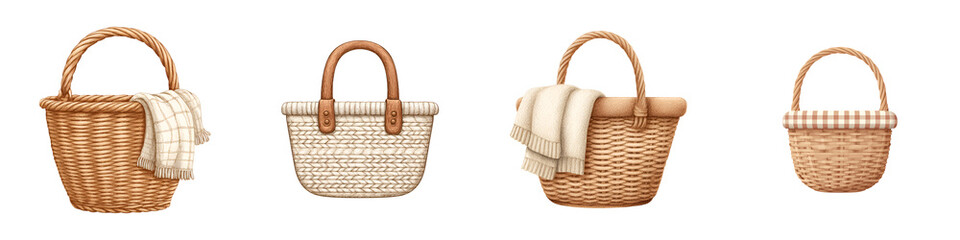Hand-Drawn Set of Four Wicker Picnic Baskets Isolated on White