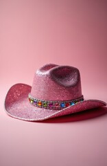 Sparkling pink sequined cowboy hat adorned with colorful gems sits against solid pink backdrop. Hat features wide brim, shimmering, glittery finish, perfect for parties, festivals, country music