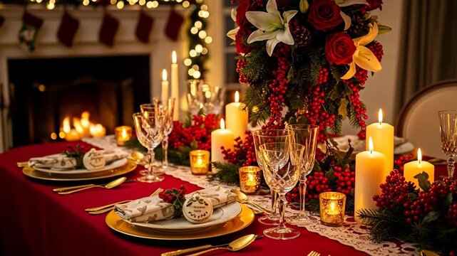 Elegant Christmas Dinner Table Setting - A luxurious Christmas table setting is elegantly decorated with candles, red berries, pine branches, and a stunning floral centerpiece.