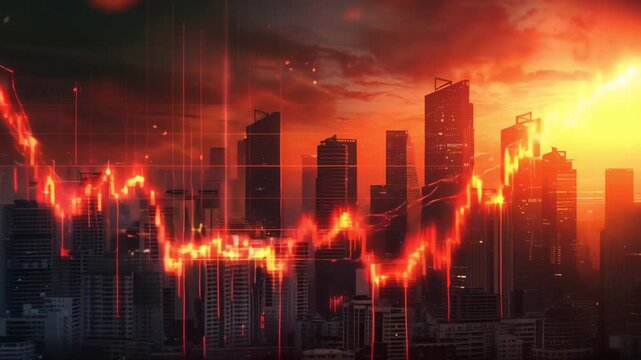 Stock market decline over city skyline at dusk animation video. Urban financial crisis. Red glowing falling downward trend superimposed on skyscrapers animated footage clip HD motion