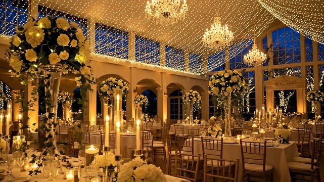 Elegant Wedding Reception Venue at Night - A luxurious wedding reception venue is beautifully decorated with string lights, chandeliers, and elegant floral centerpieces.