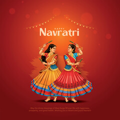 Navratri or Garba Night poster for Dussehra festival of India. Creative vector illustration design of peoples playing Dandiya dance.