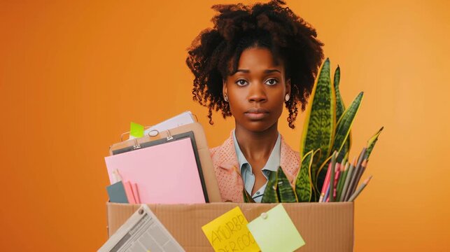 African american woman with office belongings in box after layoff animation video. Black female employee unemployed animated footage clip seamless HD motion. Job termination concept