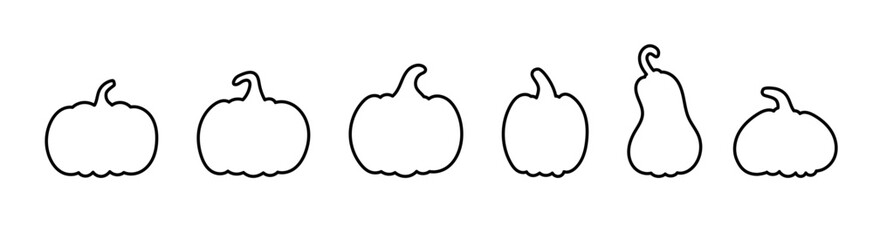 Collection of pumpkin and gourd outlines – minimalist black vector designs perfect for autumn decorations, Halloween graphics, and Thanksgiving art.