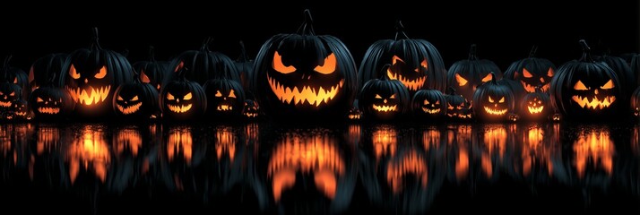 A collection of menacingly carved pumpkins radiating orange light against a black background, reflecting eerily.