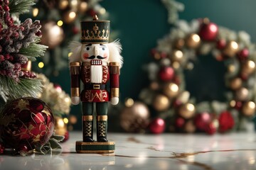 A Luxurious Christmas Decoration Scene Composed in a Traditional Style, Featuring a Nutcracker and Ornaments - Holiday Decor and Festive Ambiance.