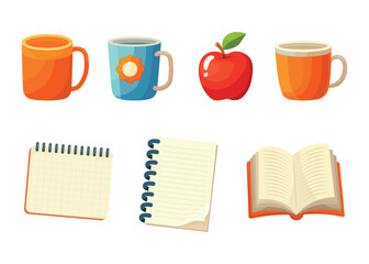 Vector isolated elements: mugs, apple, notebook, calendar, opened book. Set of vector elements in cute cartoon style. Nice warm fall colors