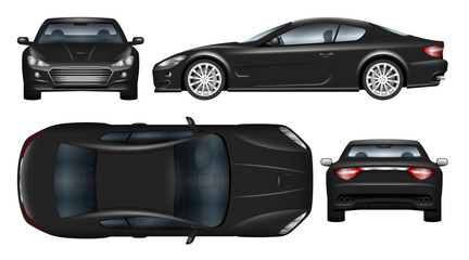 Black sports car vector mockup for vehicle branding, corporate identity. View from side, front, back, and top. All elements in the groups on separate layers for easy editing and recolor