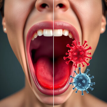 Open mouth with health and sick throat of human. Comparison healthy throat, tonsillitis bacterial and viral. Infection, redness of tonsils. Inflammation and pain airway. Vector