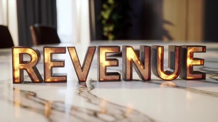 Golden, illuminated "REVENUE" letters rest on marble surface, blurred background featuring furniture. Shallow depth of field focus - Powered by Adobe