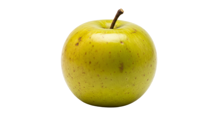 Single golden apple stands isolated, exhibiting its vibrant color and textured surface with a small brown stem visible.