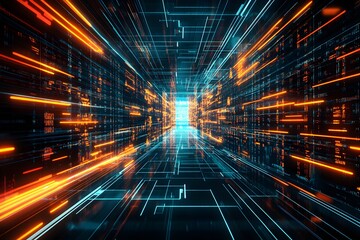 Abstract Digital Tunnel Data Stream glowing lines