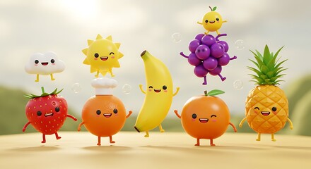 A whimsical arrangement of animated fruit characters including a strawberry, orange, banana, grapes, pineapple, and lemon, along with a cloud and sun.