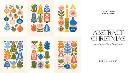 Fototapeta premium Merry Christmas and Happy New Year illustration. Modern trendy minimal style. Hand drawn design for wallpaper, wall decor, print, postcard, cover, template, banner.