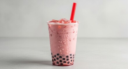 Pink drink in clear plastic cup with boba, ice, and a red straw