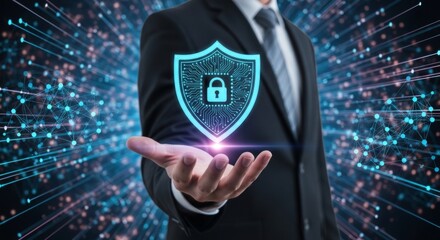 Businessman's hand presents glowing blue digital shield with padlock icon over abstract data network