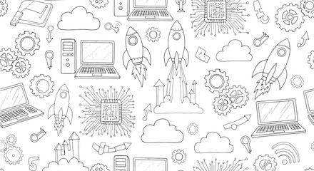 A Whimsical Doodle Pattern of Modern Technology