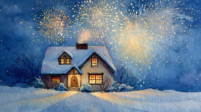 Adorable watercolor new year card with cozy house and snowy roof under glowing fireworks in a cheerful holiday mood - Powered by Adobe