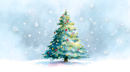 Obraz premium Charming watercolor christmas card design with decorated fir tree in soft pastel tones and falling snowflakes