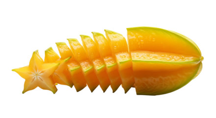 Sliced carambola fruit is displayed against a background, showcasing its vibrant color and star shape.