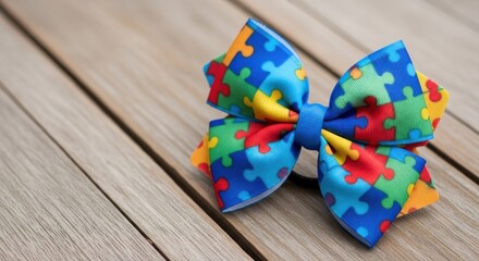 Puzzle-patterned bow on diagonal wood