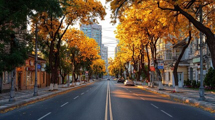 Obraz premium Autumn city street with golden yellow trees, modern buildings, parked cars and evening sunlight view