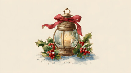 Cute hand painted christmas lantern wrapped in holly and ribbon with snow at the base in a festive warm illustration