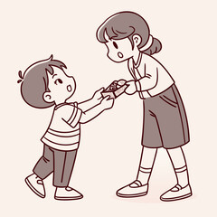 Vector art of a boy offering a gift to a girl