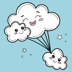 Vector art of a family of cute clouds with smiling faces floats in the sky