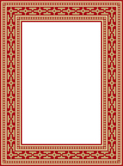 Vector square gold with red ancient Russian ornament. Slavic rectangle, border, frame. Painting of the royal chambers.
