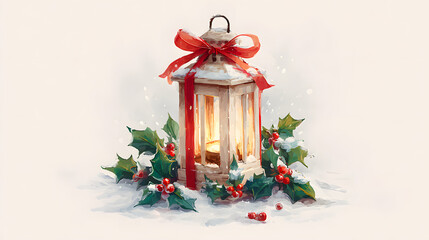 Cute hand painted christmas lantern wrapped in holly and ribbon with snow at the base in a festive warm illustration