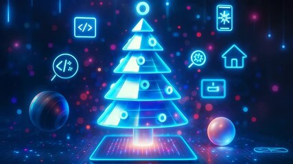 Glowing Christmas Tree with Code Home Icons on Digital Platform Background - Powered by Adobe