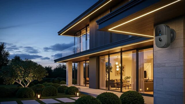 Smart Home Security Camera at Twilight - A modern smart home security camera is mounted on the exterior wall of a luxury house at dusk.