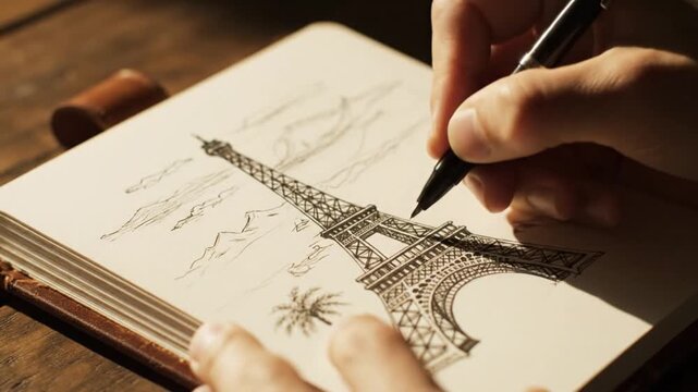 A close-up shot captures a hand diligently drawing the intricate details of the Eiffel Tower in a leather-bound sketchbook with a black pen, likely part of a video showcasing artistic creation or t..