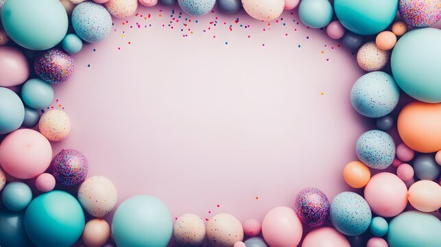 Pastel Balloons Frame with Confetti Pink Background Party Decor - Powered by Adobe
