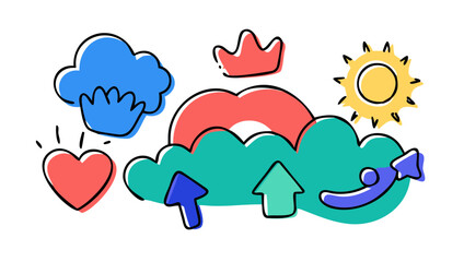 Colorful doodle elements with arrows and clouds cartoon