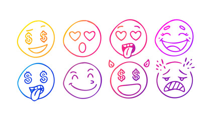 Colorful doodle emojis with various expressions icons