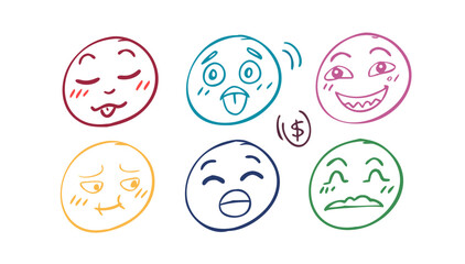 Colorful doodle faces expressing emotions sketch