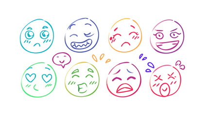 Colorful doodle faces expressing emotions emoji sketch