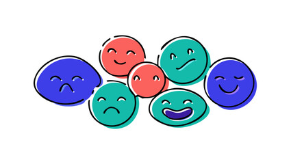Colorful doodle faces with various expressions emojis