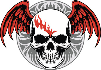Aggressive winged skull illustration with red flames and tribal tattoo circle, dark gothic vector art perfect for tattoos or edgy designs