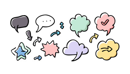 Colorful doodle speech bubbles and arrows cartoon icons