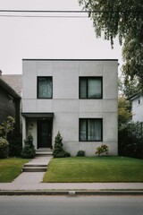 Symmetrical front view of a minimalist concrete house with large windows, garden, and clean modern design