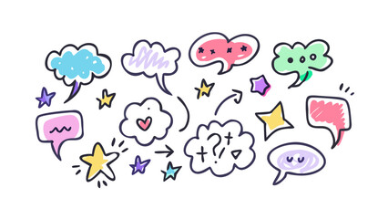 Colorful doodle speech bubbles and stars thought bubble
