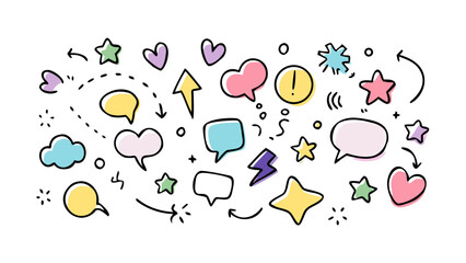 Colorful doodle speech bubbles and stars hearts lightning bolt