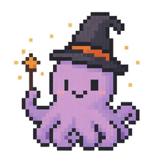 Cute Pixel Art Octopus Witch with Magic Wand