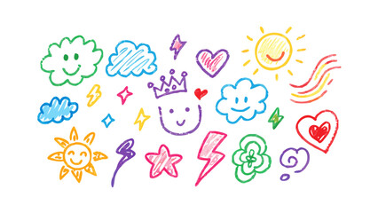 Colorful hand drawn doodles of clouds suns hearts and stars