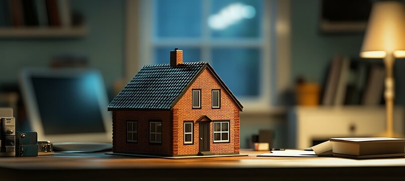 House model on desk for real estate concept and home architectural design and property investment idea
